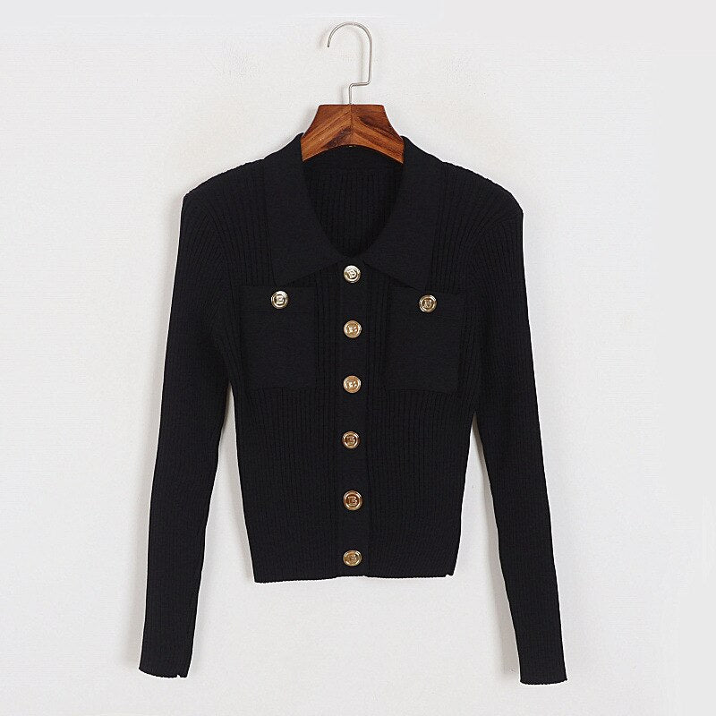 Knitted Cardigans Women Turn-Down Collar Button Up Long Sleeve Elegant Office Ladies Chic Sweater Outwear Traf Tops Autumn