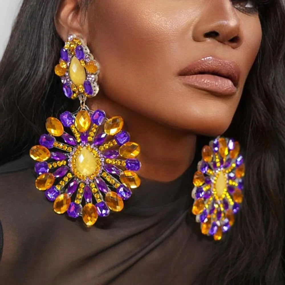 Hollow Crystal Exaggerate Dangle Earrings for Women Free Shipping Fashion Oversize Colorful Rhinestone Earrings Party Jewelry