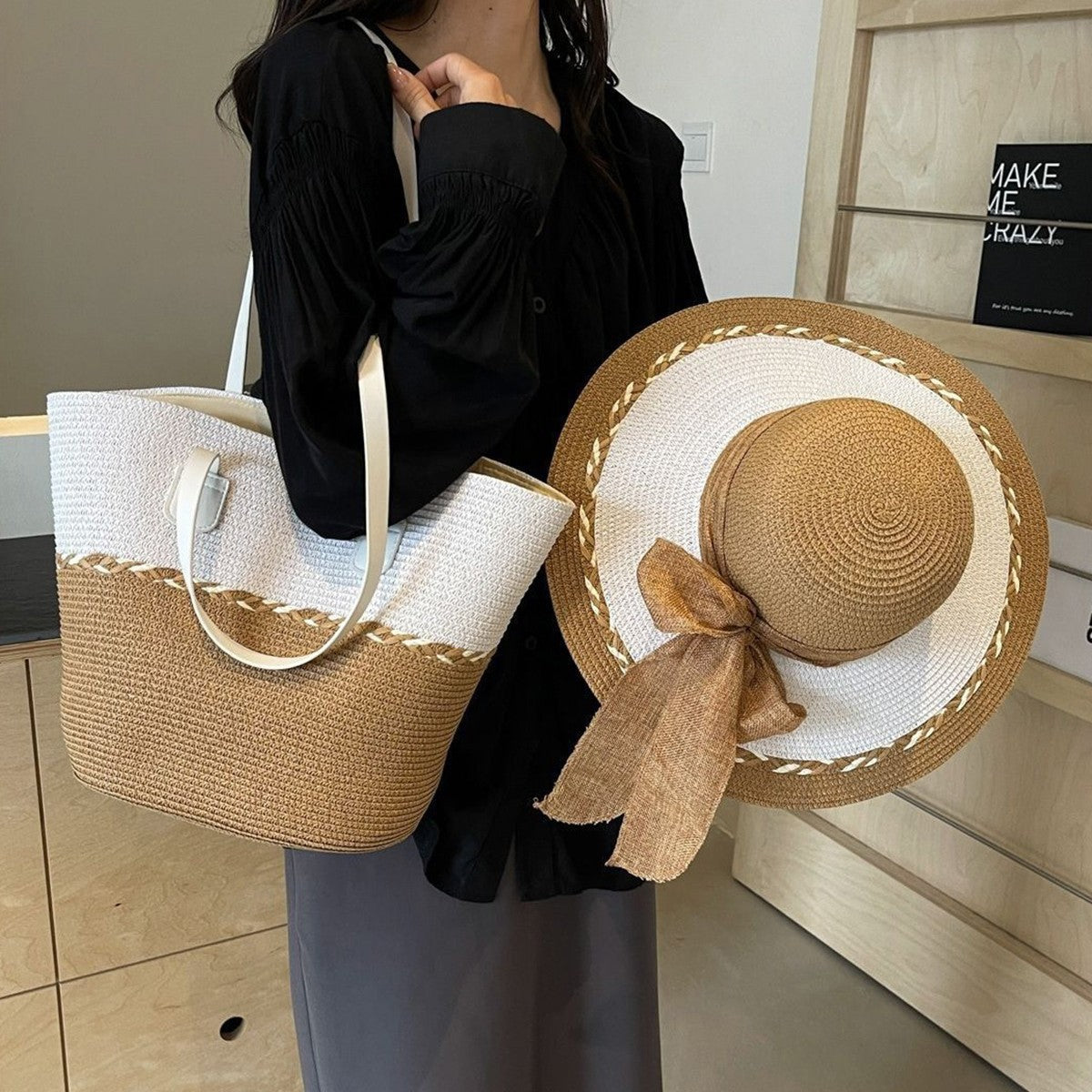 Straw Bag and Hat Set for Women, Beach Vacation, Versatile Sun Protection Wide Brim Hat, Commute Travel Large Capacity Tote Bag