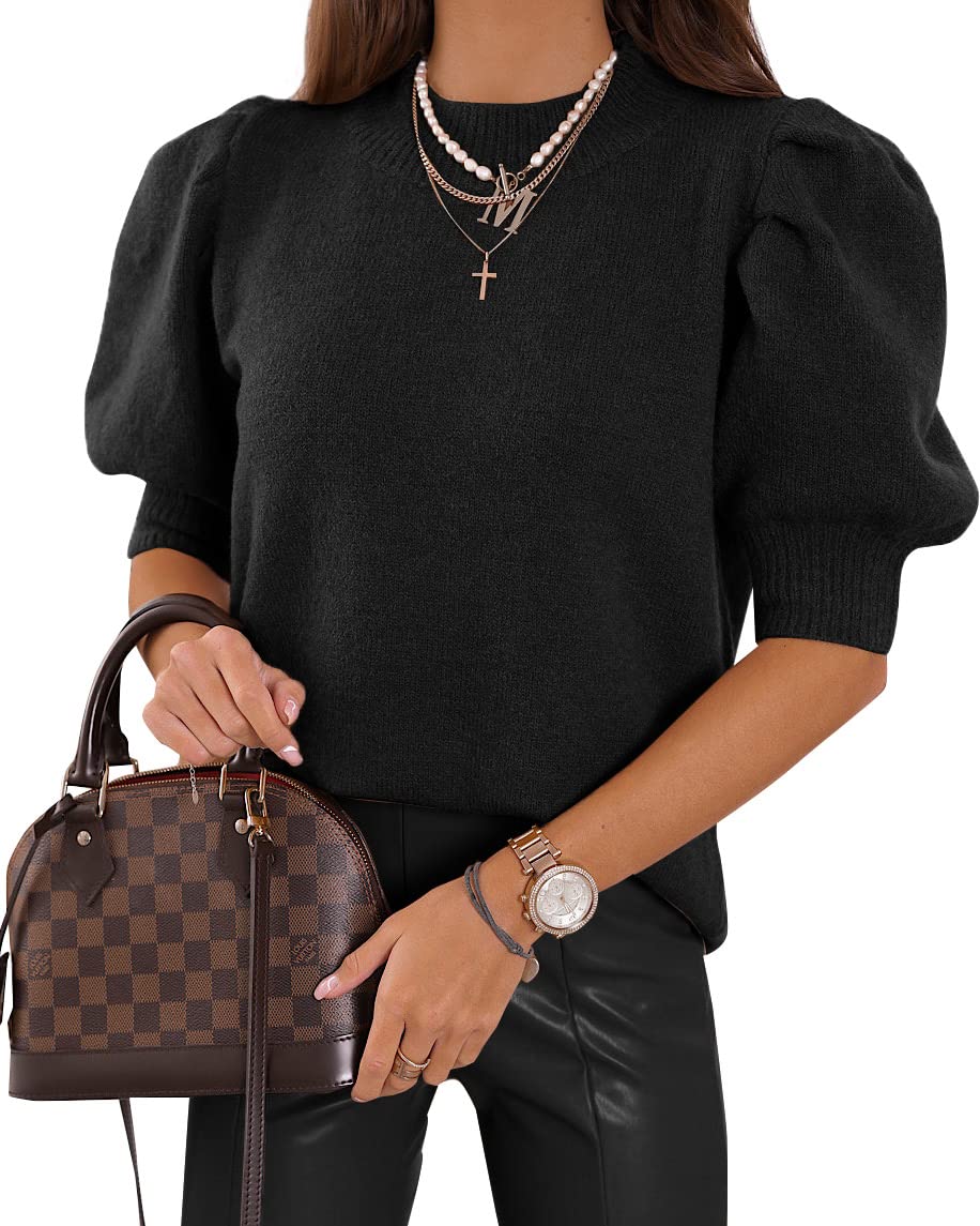 Women's Puff Short Sleeve Sweater Tops 2025 Summer Fall Trendy Knit Crew Neck Casual T Shirts Blouses