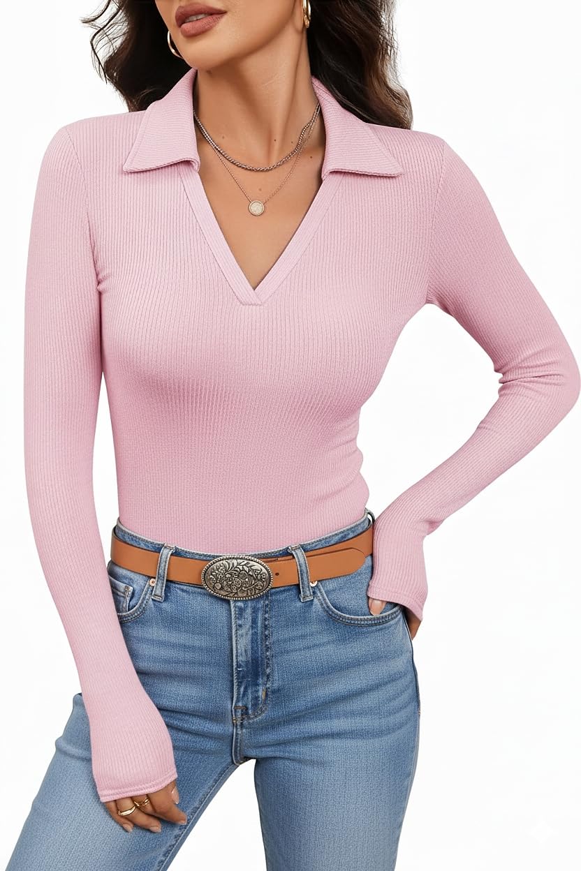 Womens Long Sleeve V Neck Polo Shirts Business Casual Collared Work Top Slim Fitted Basic 2025 Fall Outfit