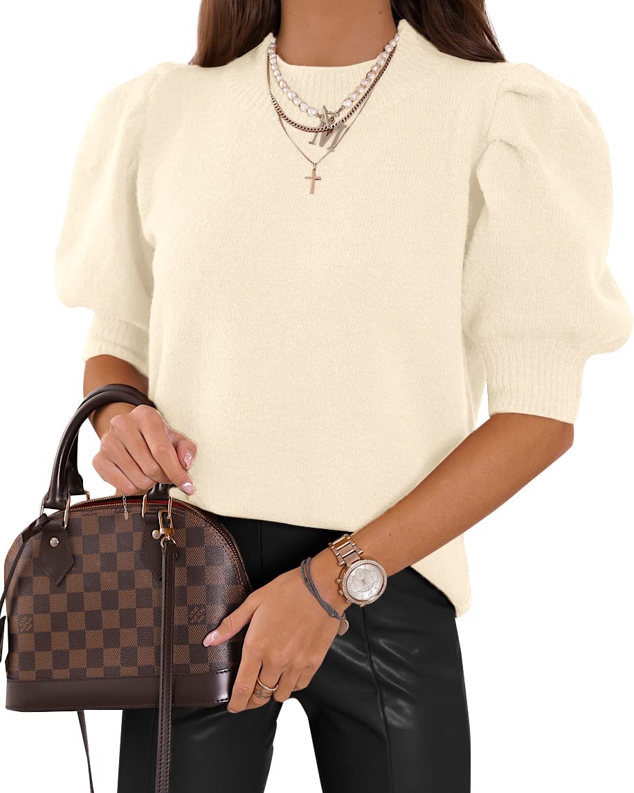 Women's Puff Short Sleeve Sweater Tops 2025 Summer Fall Trendy Knit Crew Neck Casual T Shirts Blouses