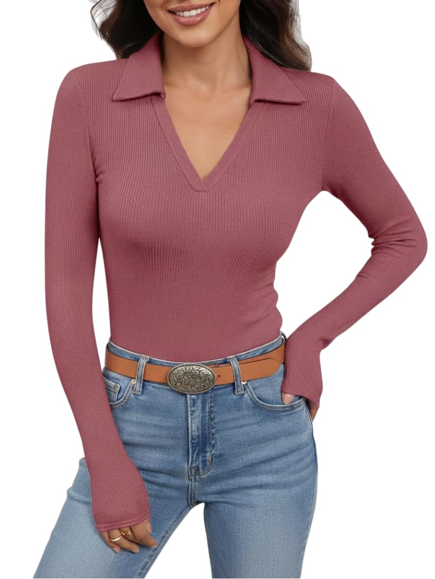 Womens Long Sleeve V Neck Polo Shirts Business Casual Collared Work Top Slim Fitted Basic 2025 Fall Outfit