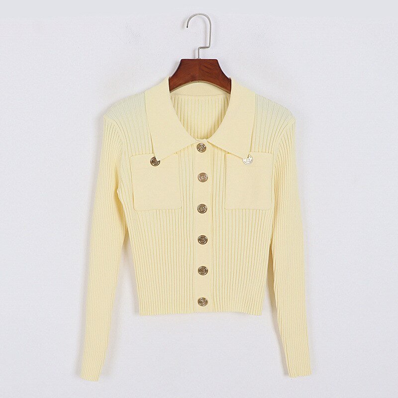Knitted Cardigans Women Turn-Down Collar Button Up Long Sleeve Elegant Office Ladies Chic Sweater Outwear Traf Tops Autumn