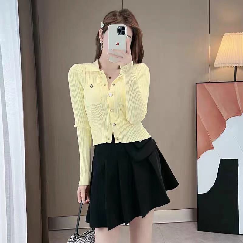 Knitted Cardigans Women Turn-Down Collar Button Up Long Sleeve Elegant Office Ladies Chic Sweater Outwear Traf Tops Autumn