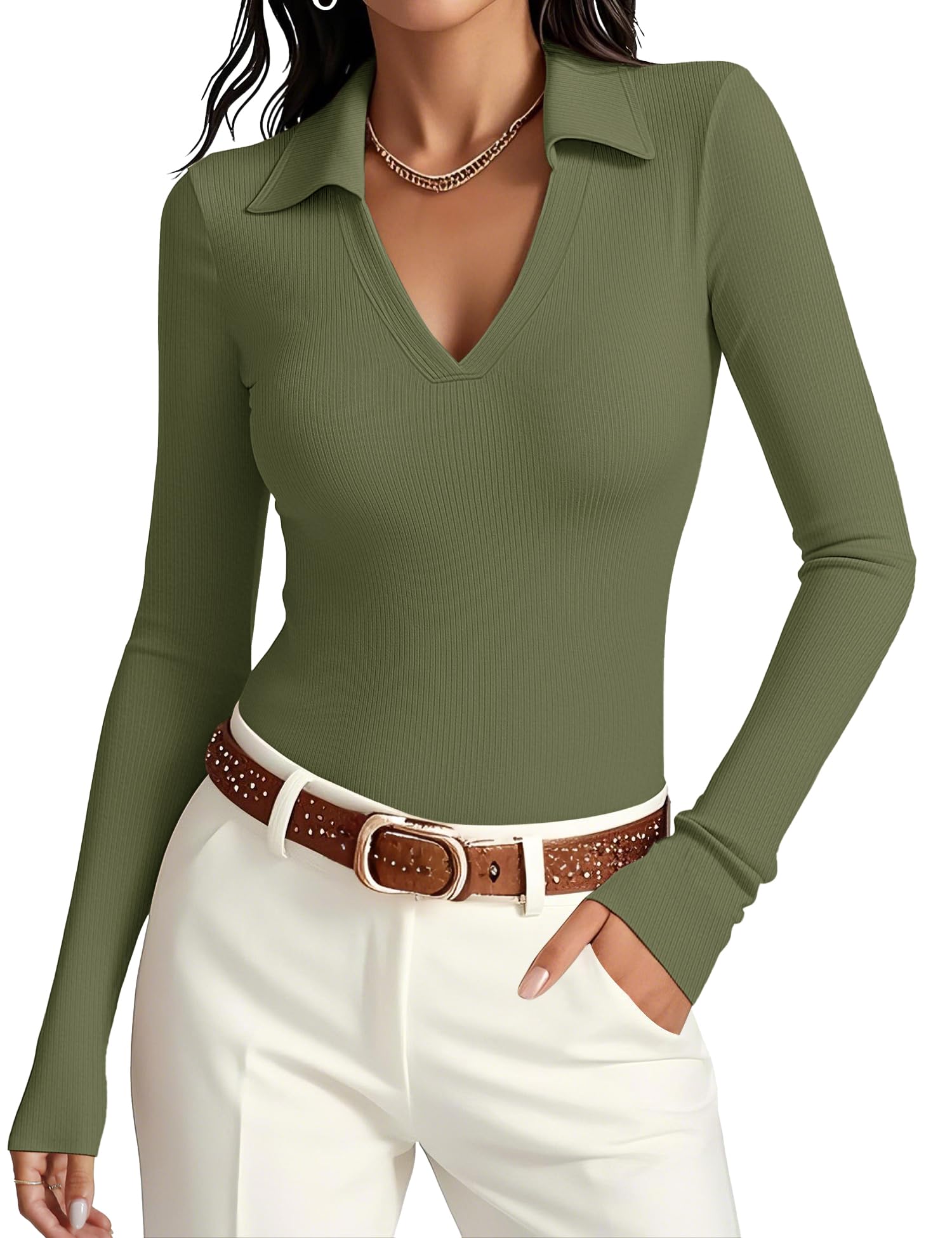 Womens Long Sleeve V Neck Polo Shirts Business Casual Collared Work Top Slim Fitted Basic 2025 Fall Outfit