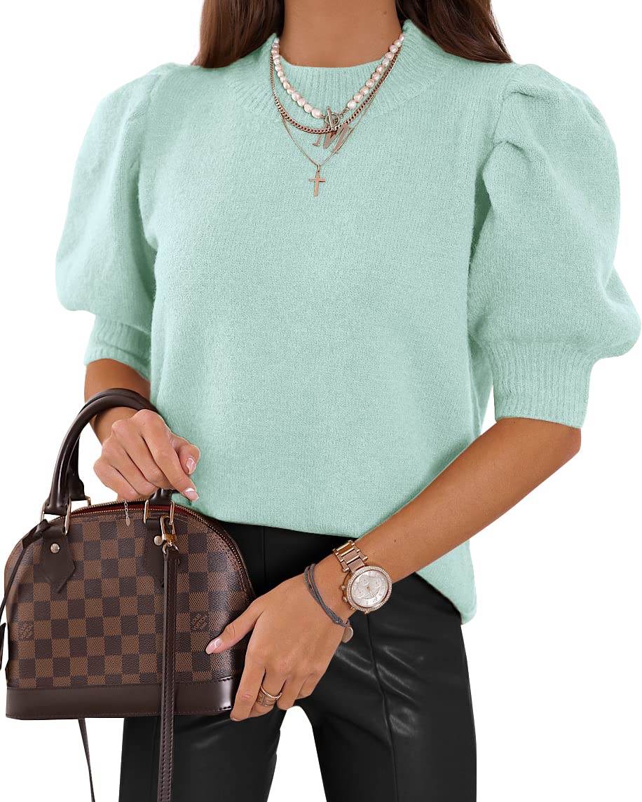 Women's Puff Short Sleeve Sweater Tops 2025 Summer Fall Trendy Knit Crew Neck Casual T Shirts Blouses