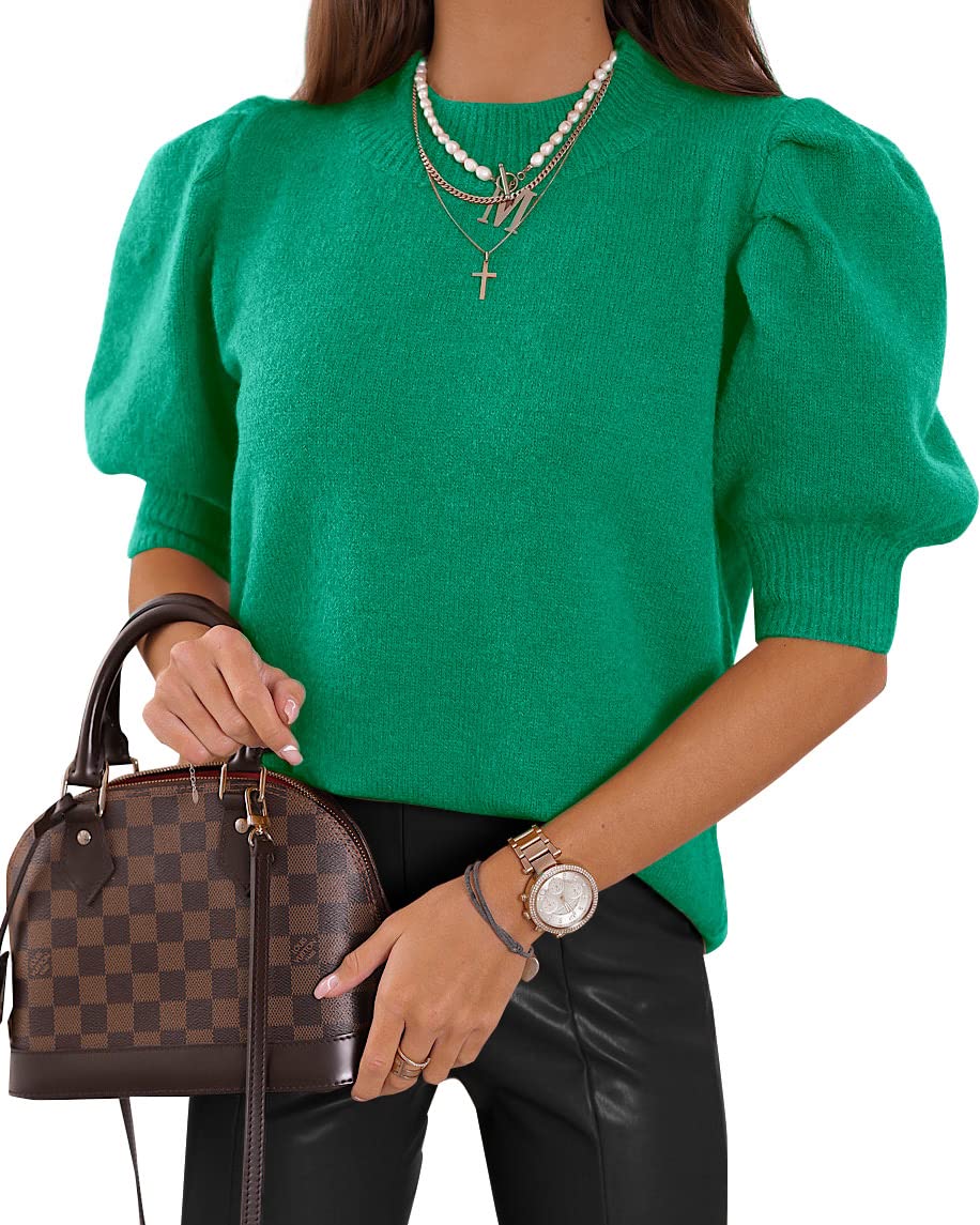 Women's Puff Short Sleeve Sweater Tops 2025 Summer Fall Trendy Knit Crew Neck Casual T Shirts Blouses