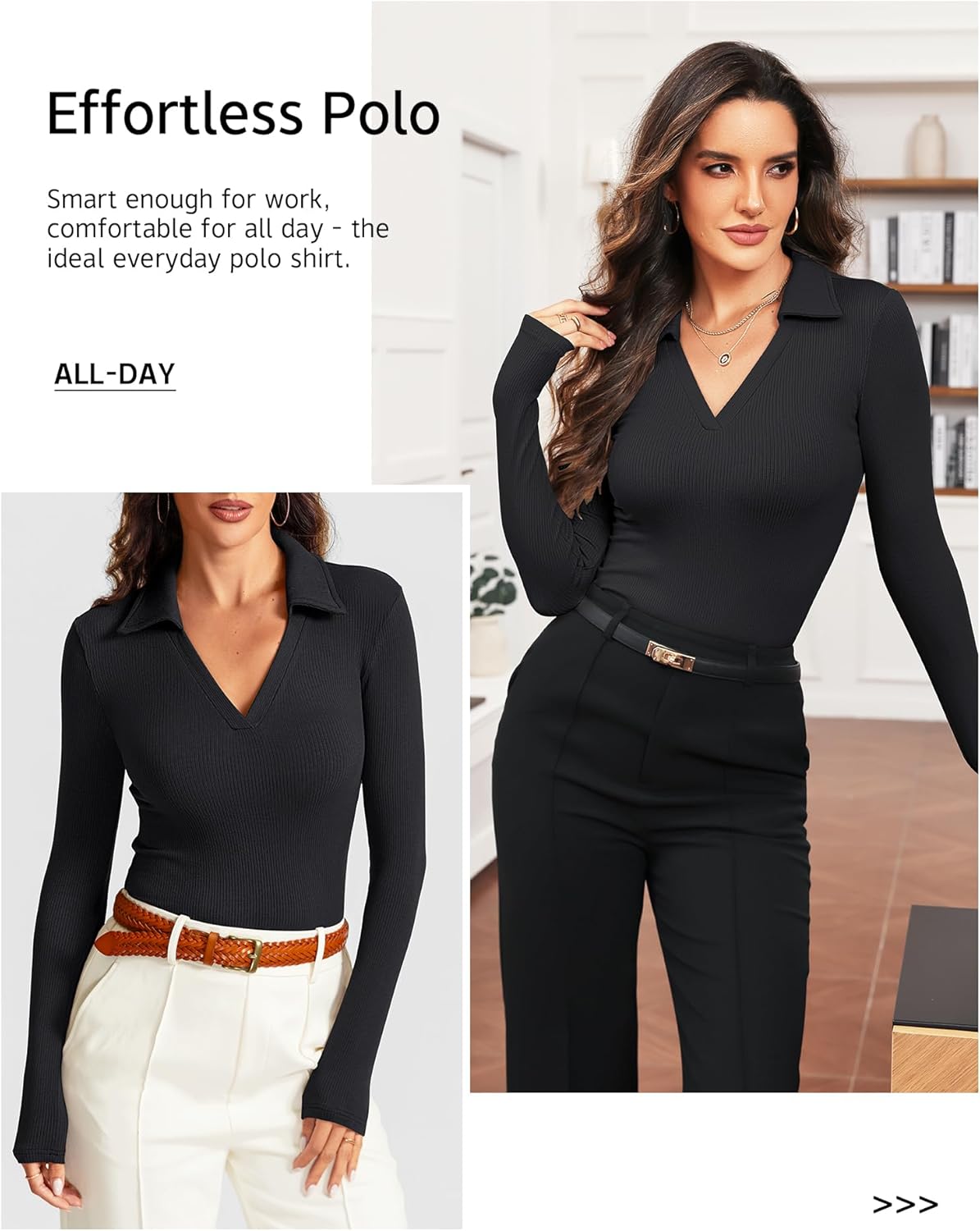 Womens Long Sleeve V Neck Polo Shirts Business Casual Collared Work Top Slim Fitted Basic 2025 Fall Outfit