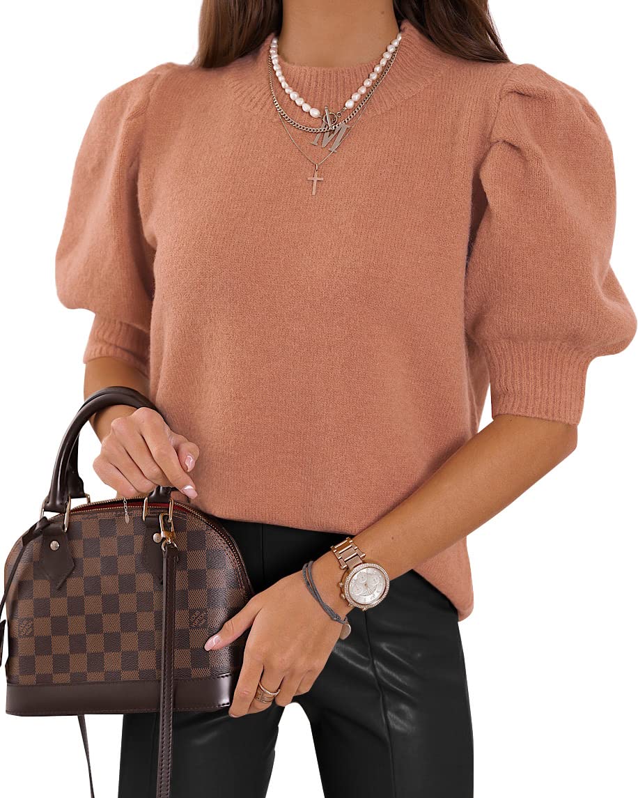 Women's Puff Short Sleeve Sweater Tops 2025 Summer Fall Trendy Knit Crew Neck Casual T Shirts Blouses