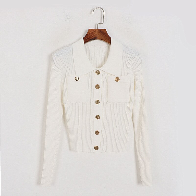 Knitted Cardigans Women Turn-Down Collar Button Up Long Sleeve Elegant Office Ladies Chic Sweater Outwear Traf Tops Autumn