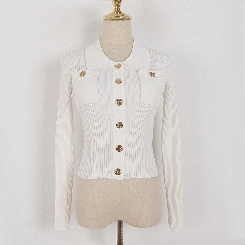 Knitted Cardigans Women Turn-Down Collar Button Up Long Sleeve Elegant Office Ladies Chic Sweater Outwear Traf Tops Autumn