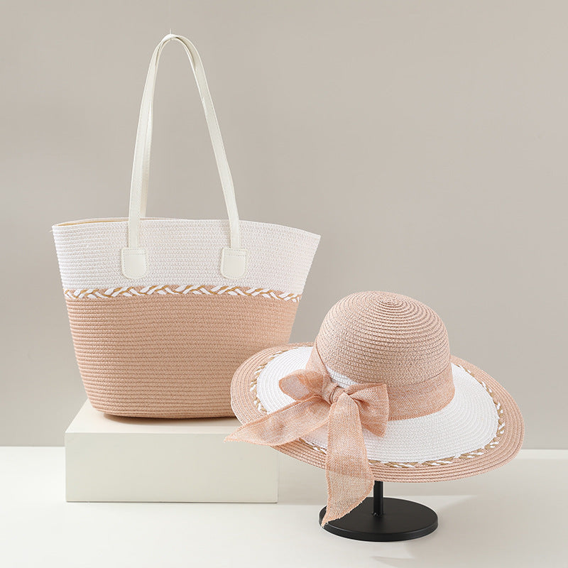Straw Bag and Hat Set for Women, Beach Vacation, Versatile Sun Protection Wide Brim Hat, Commute Travel Large Capacity Tote Bag