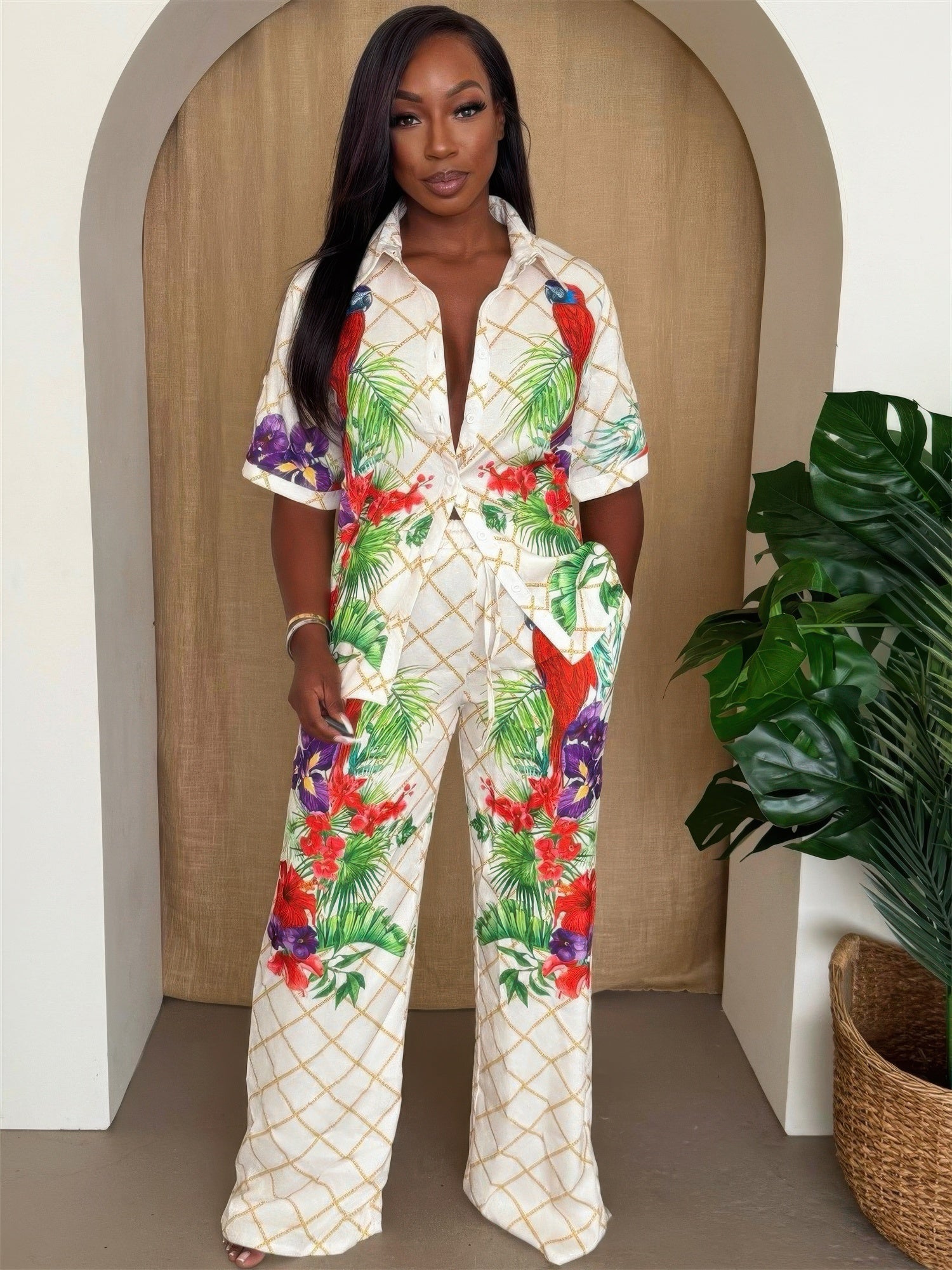 Tropical Parrot Print Shirt & Pant Set