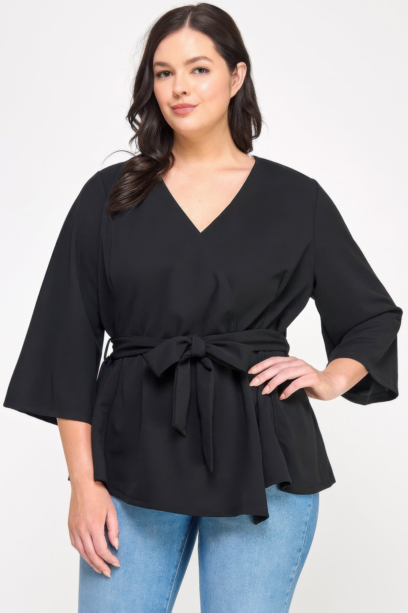 Plus Size Black Wrap Tie-waist Jacket