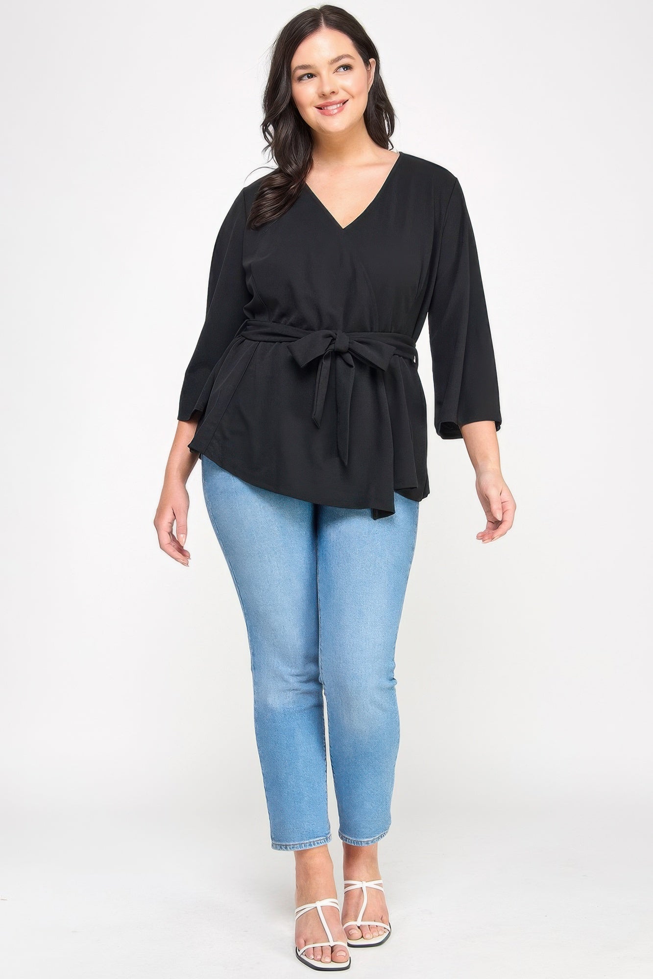 Plus Size Black Wrap Tie-waist Jacket