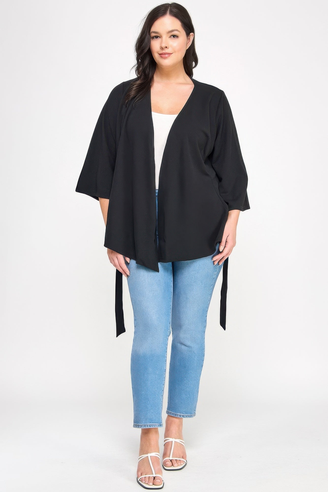 Plus Size Black Wrap Tie-waist Jacket