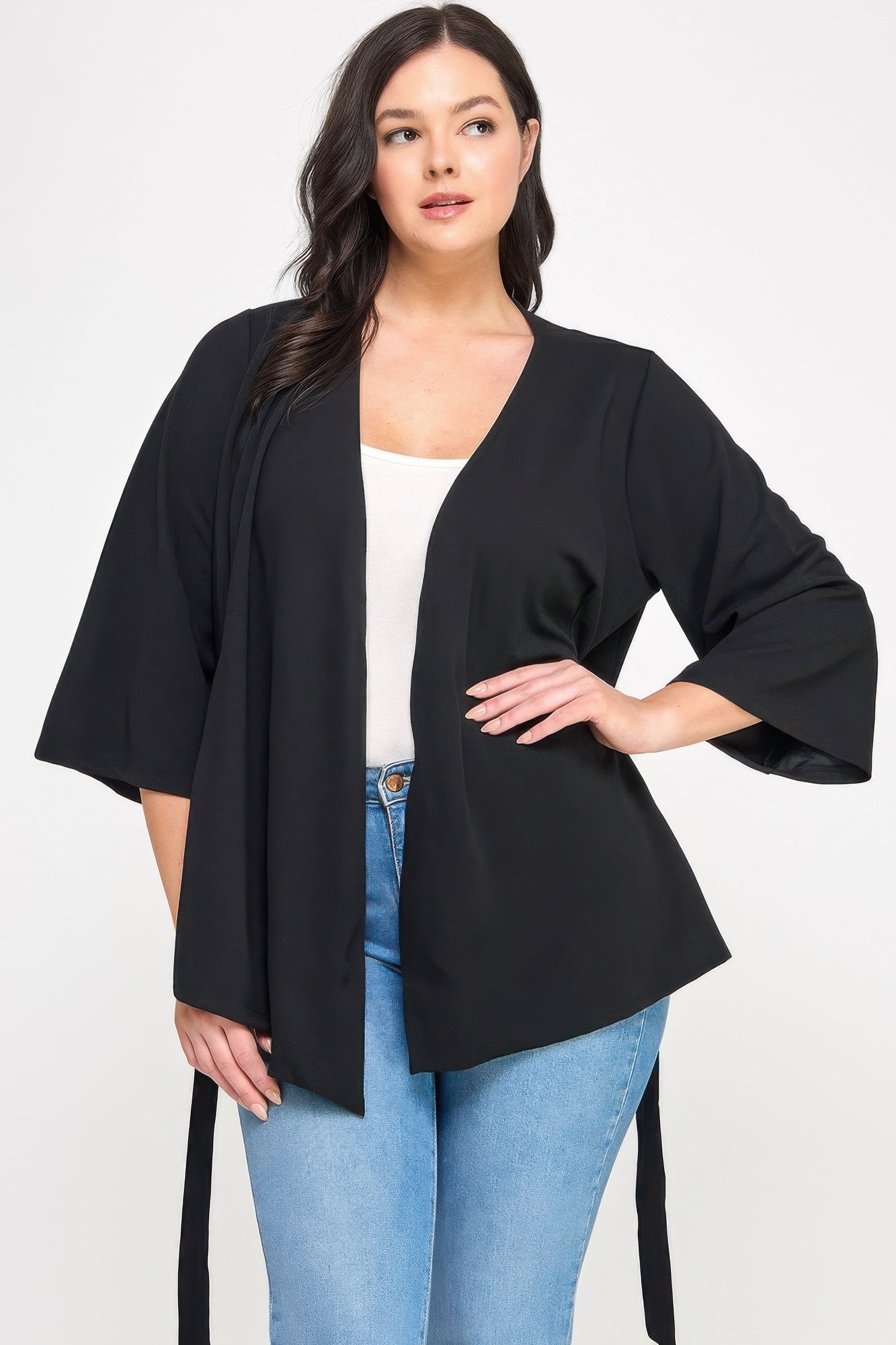 Plus Size Black Wrap Tie-waist Jacket