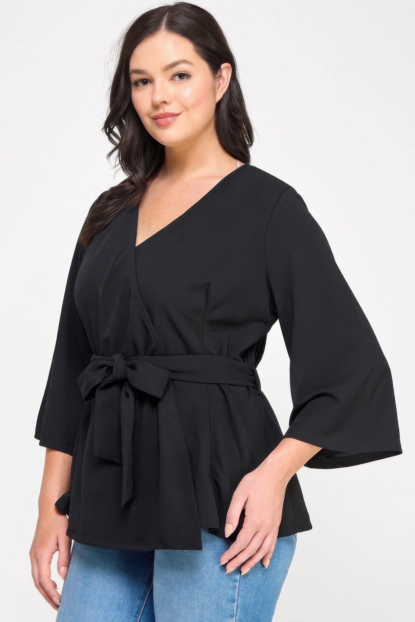 Plus Size Black Wrap Tie-waist Jacket