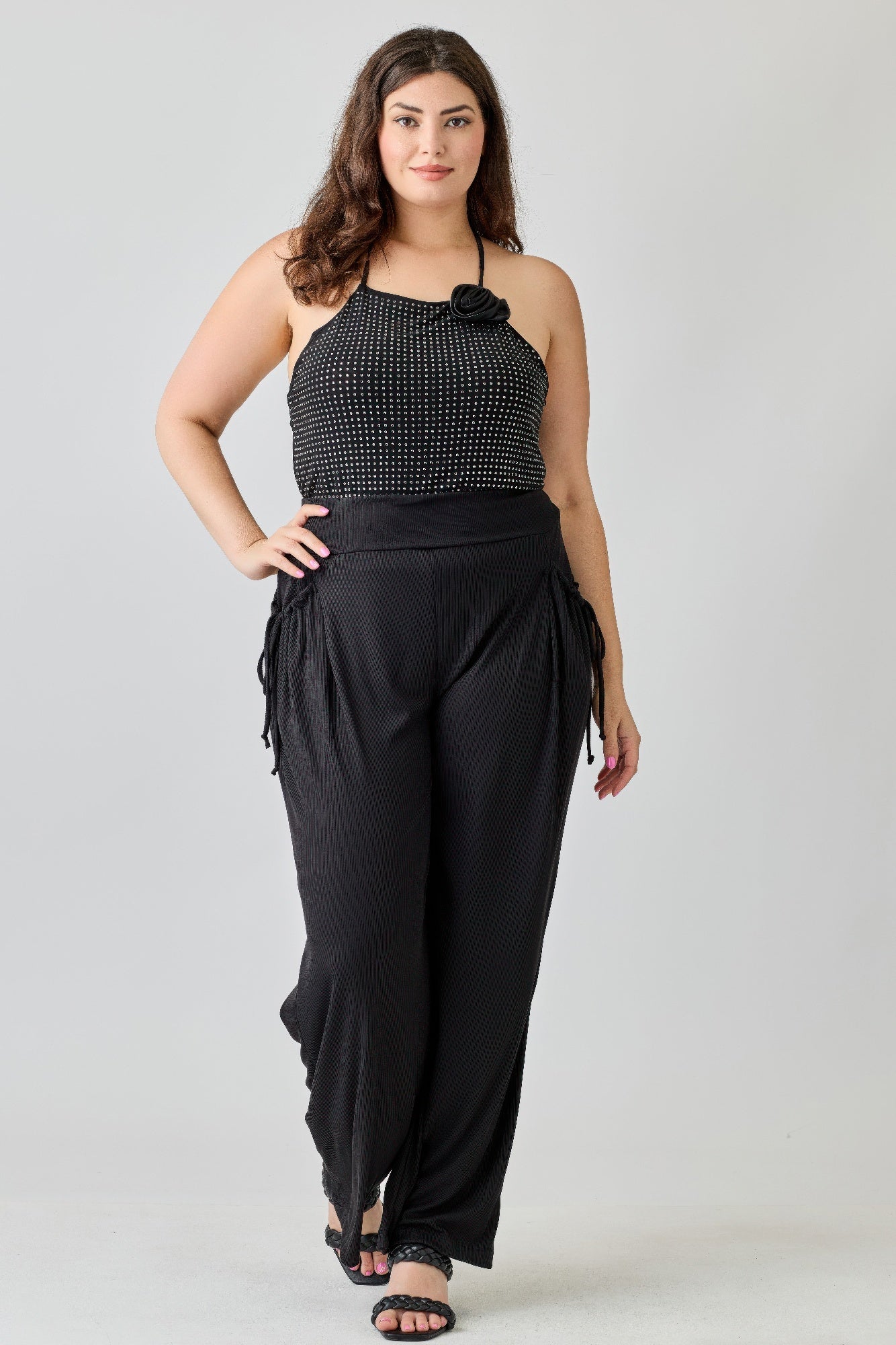 Plus Size Wide-leg Pants W Side Drawstring Detail