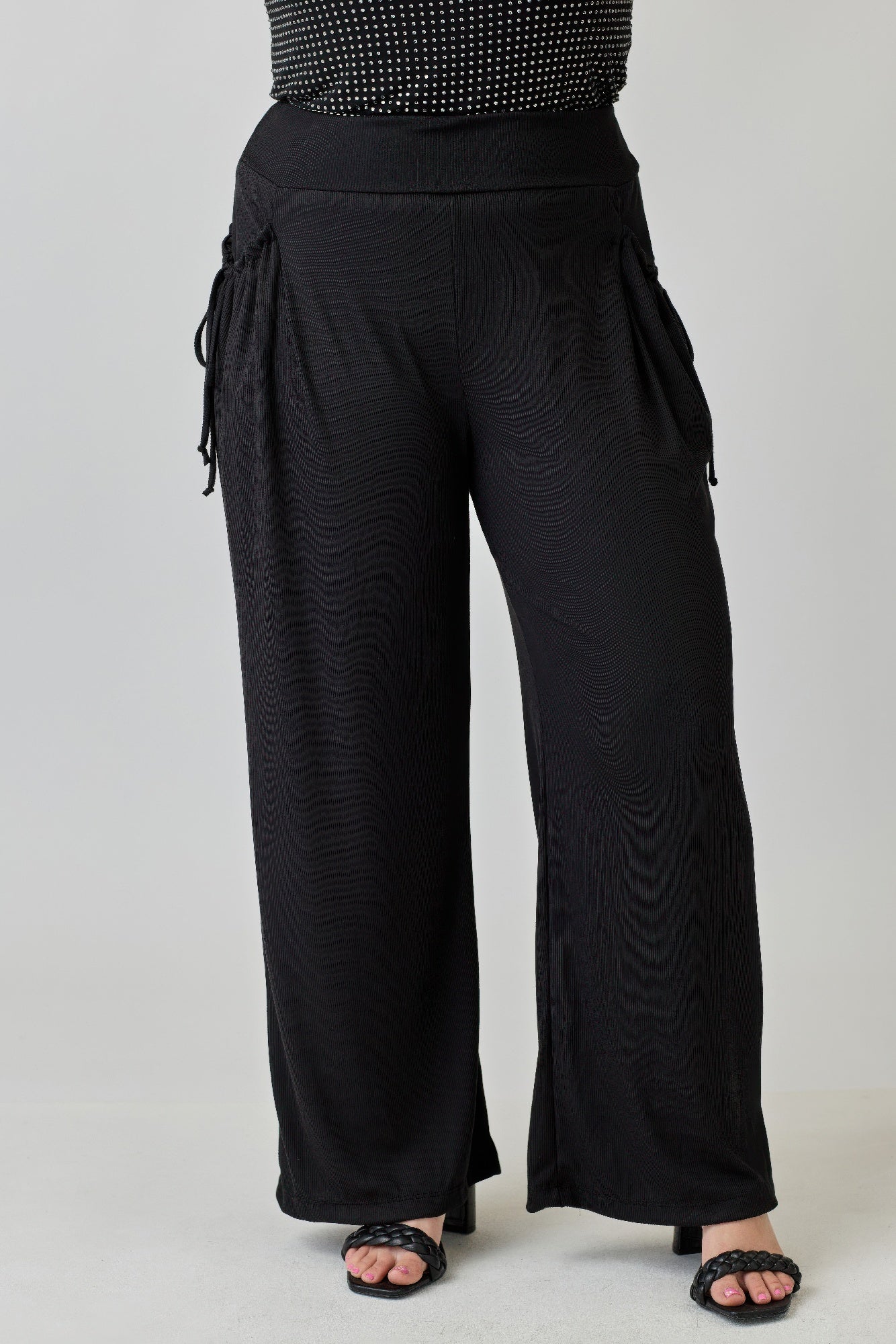 Plus Size Wide-leg Pants W Side Drawstring Detail