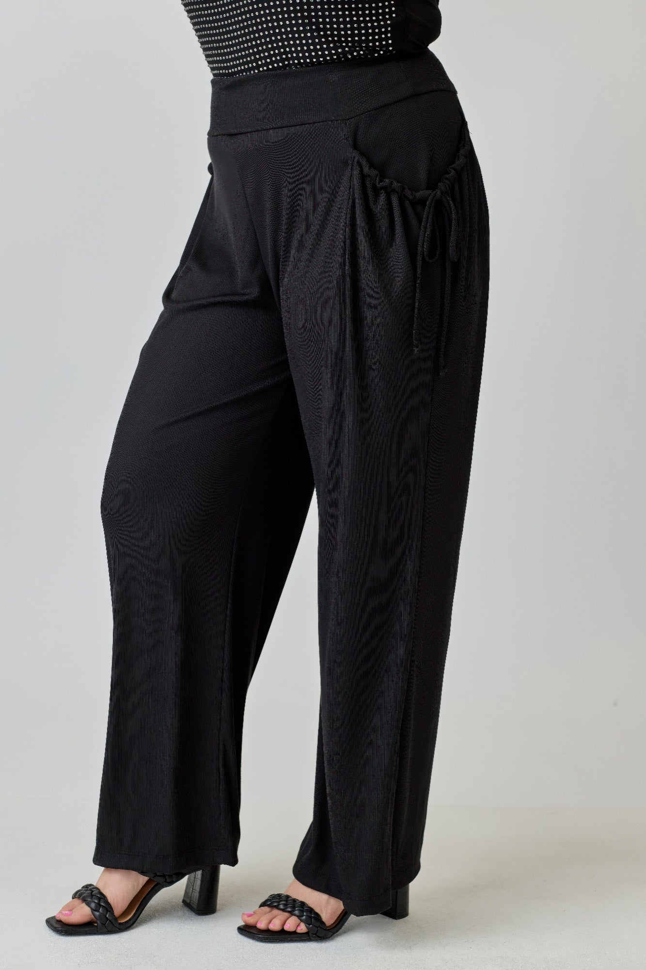 Plus Size Wide-leg Pants W Side Drawstring Detail
