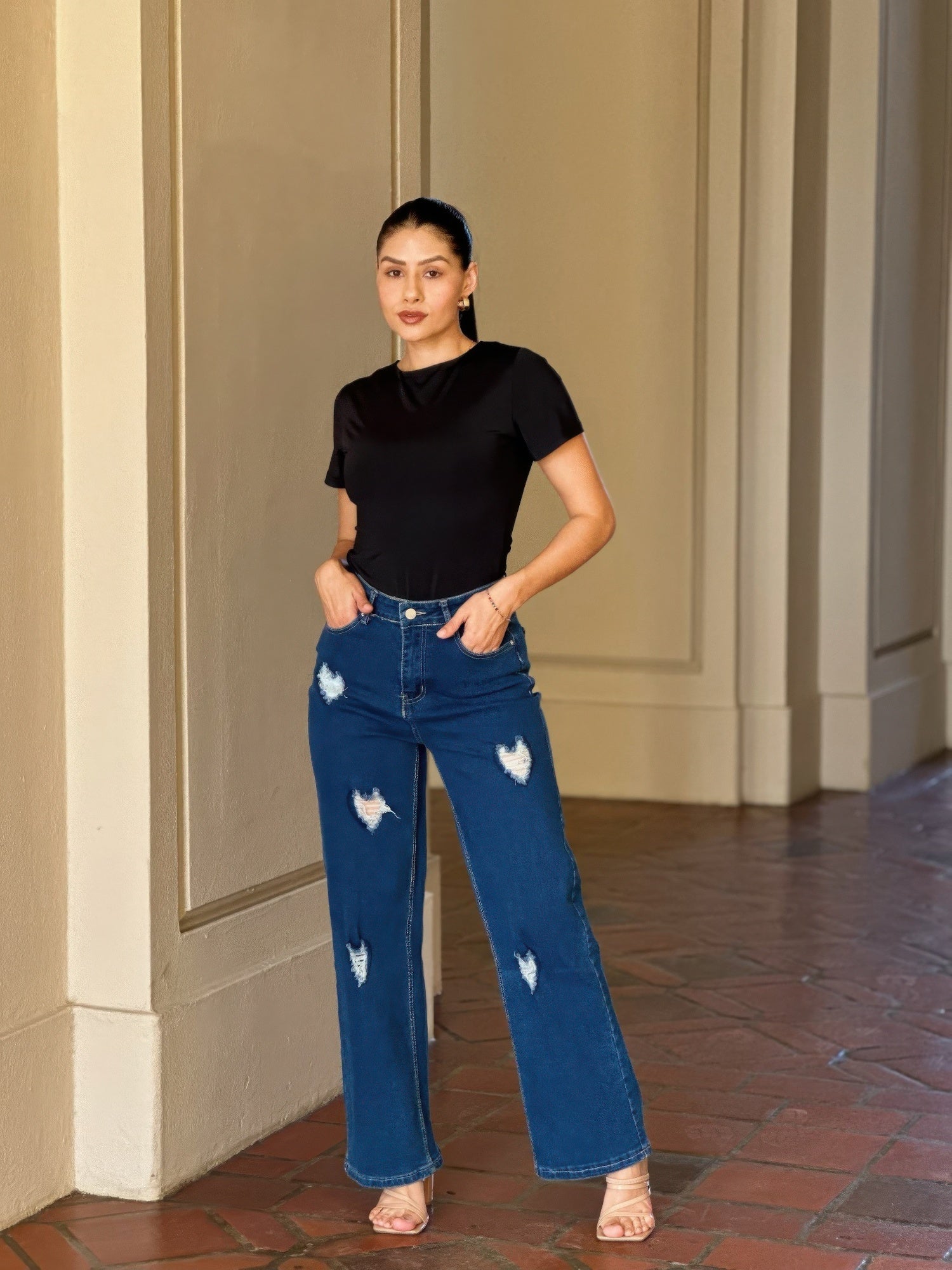Embroidered Distressed Heart Wide Leg Denim Jean