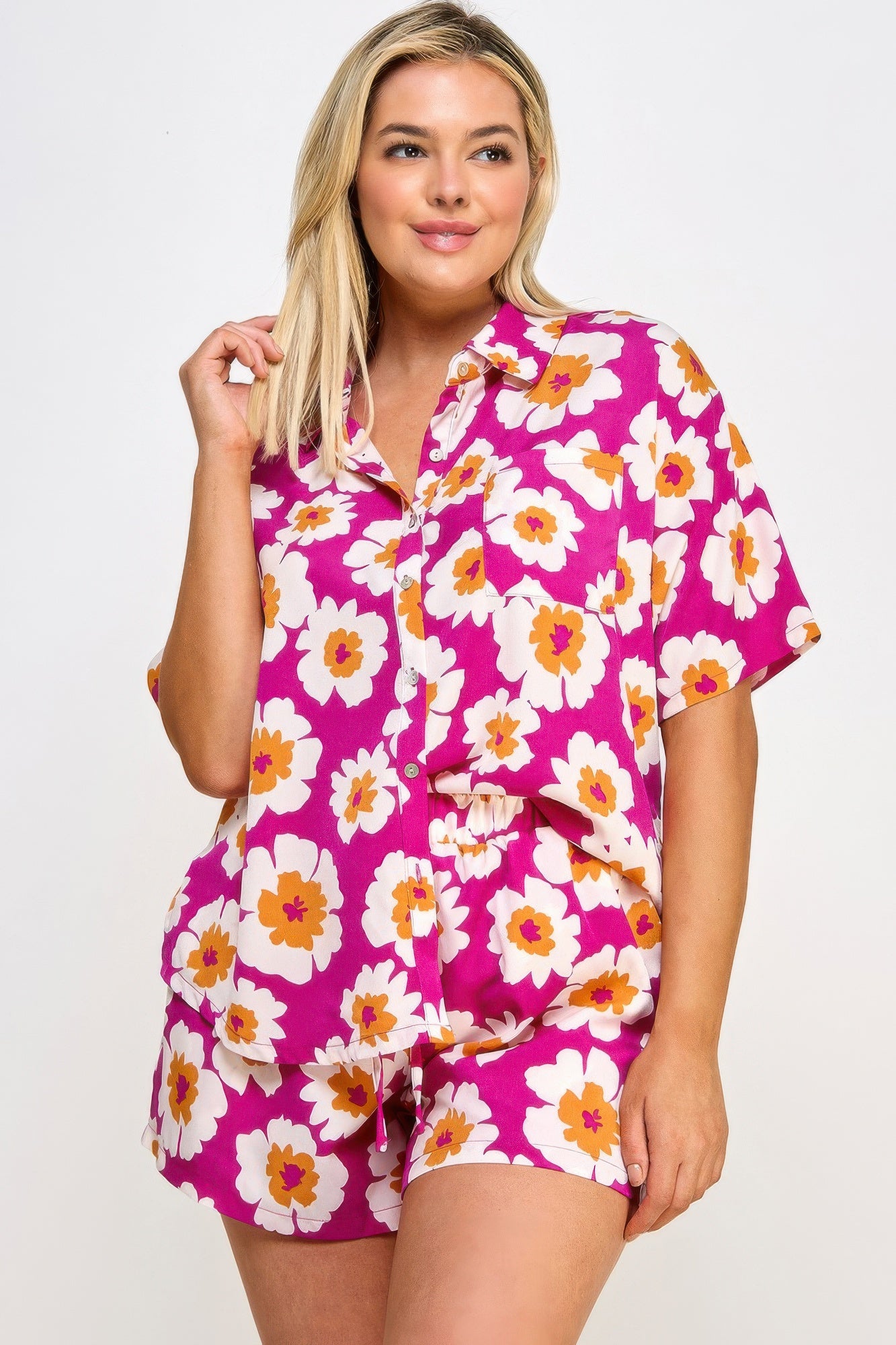 Plus Button Down Shirt And Shorts Set