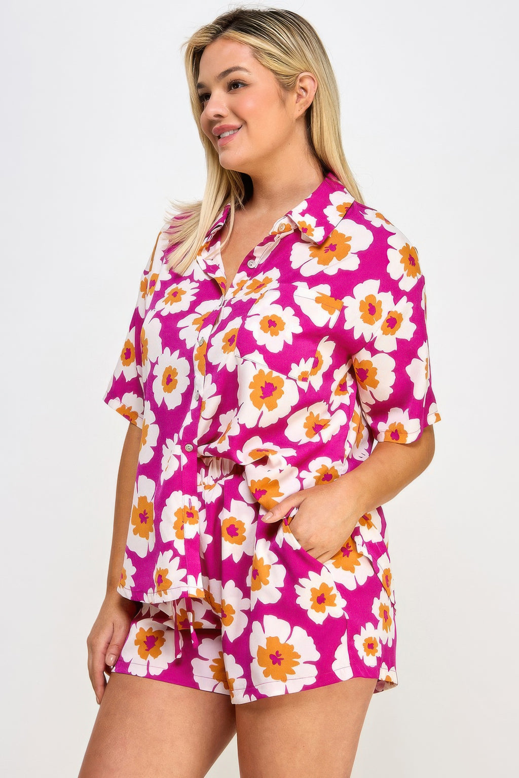 Plus Button Down Shirt And Shorts Set