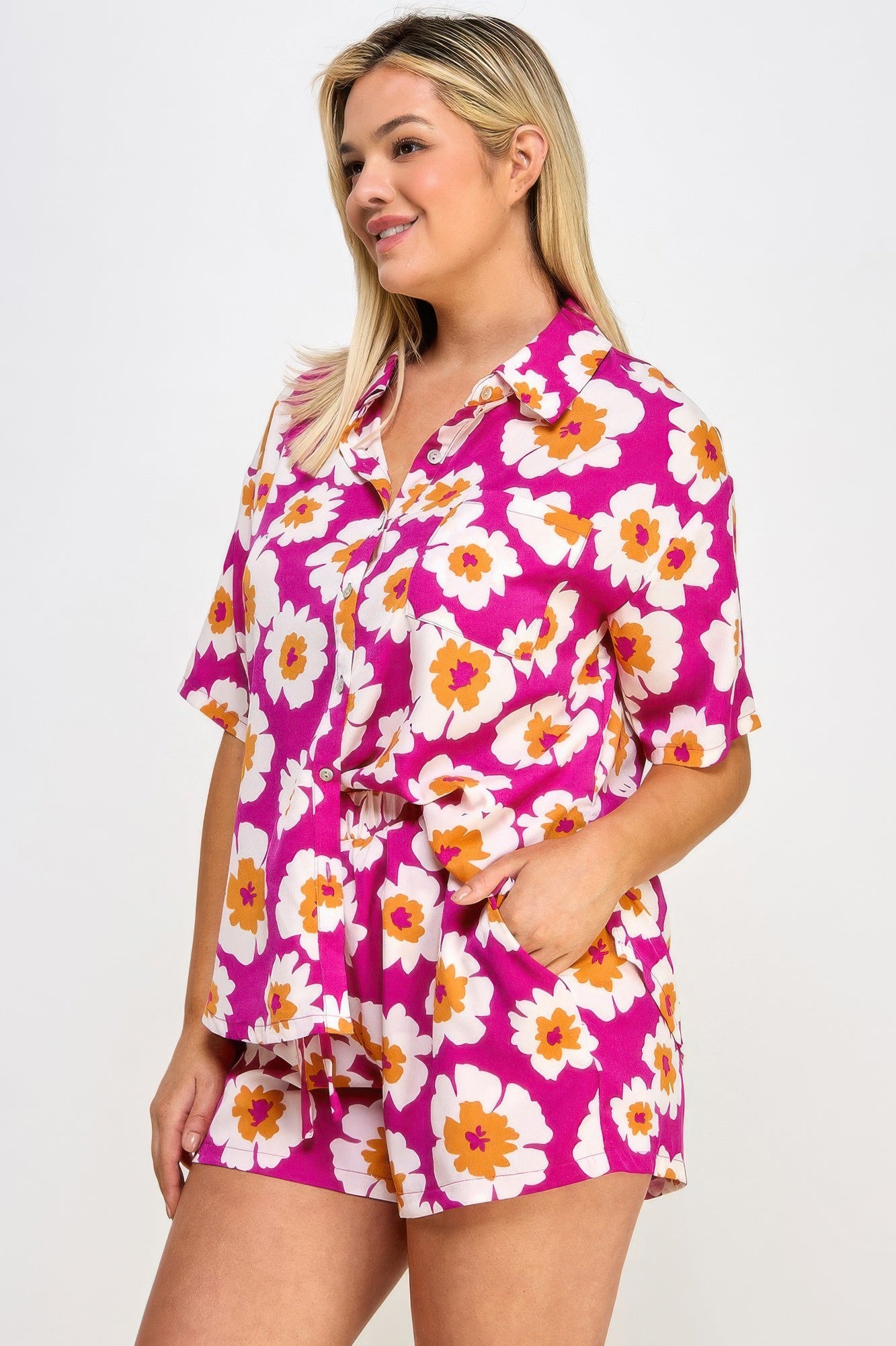 Plus Button Down Shirt And Shorts Set