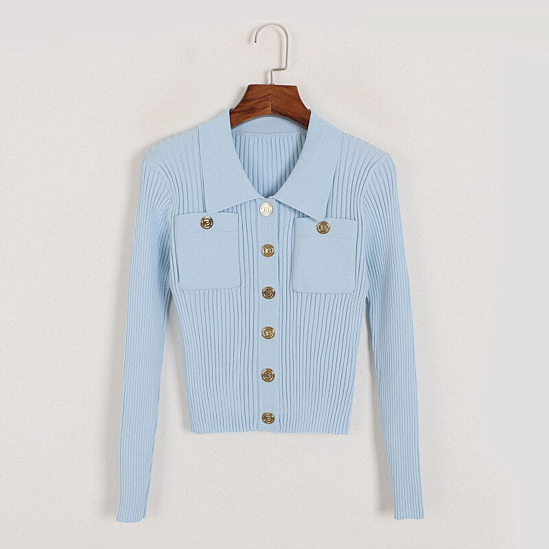 Knitted Cardigans Women Turn-Down Collar Button Up Long Sleeve Elegant Office Ladies Chic Sweater Outwear Traf Tops Autumn