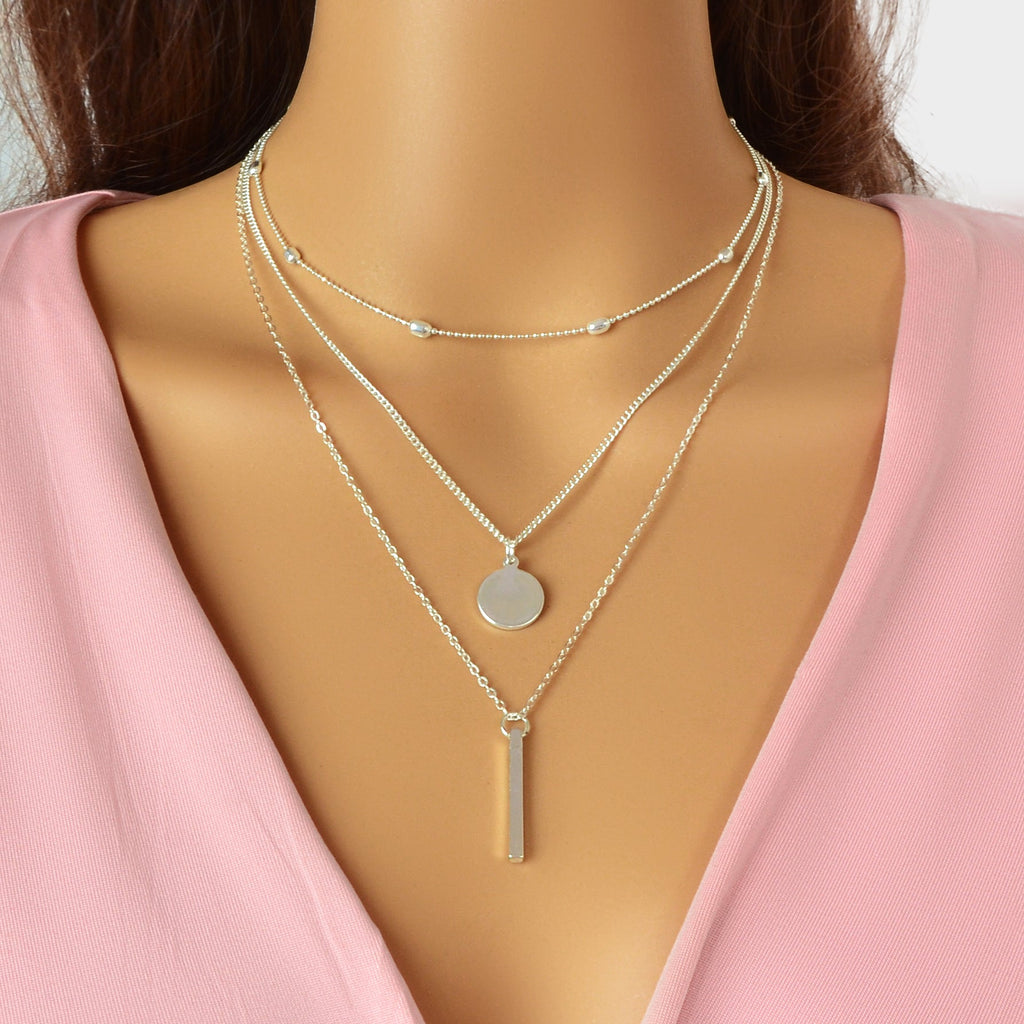 Triple-Layer Necklace with Round Pendant Charms Versatile and Stylish