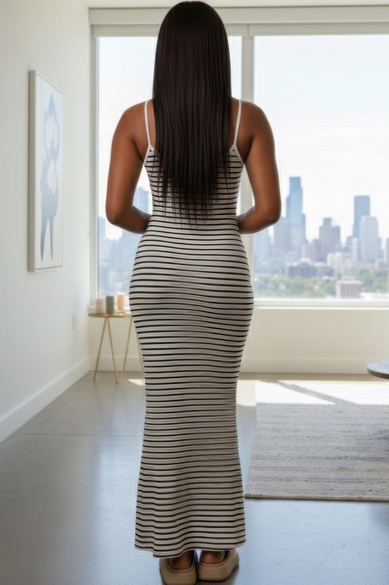 Women's Rib Knit Striped Bodycon Maxi Slip Dress