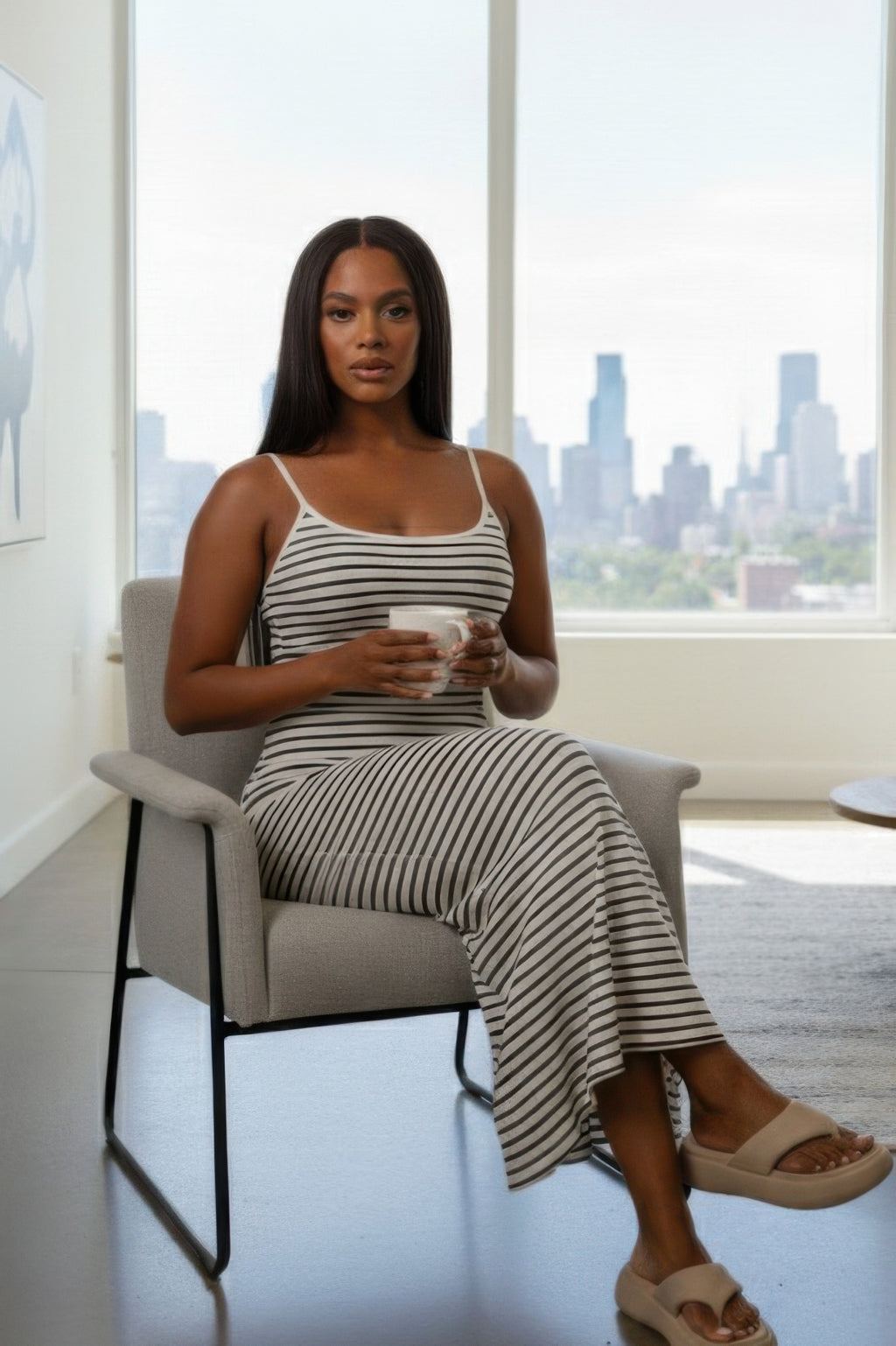 Women's Rib Knit Striped Bodycon Maxi Slip Dress