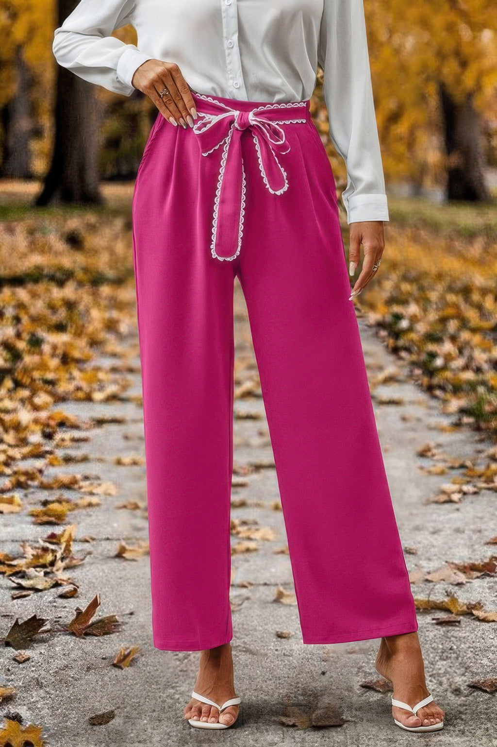 Straight Leg Elastic High Waist Lace Tie Trim Pant