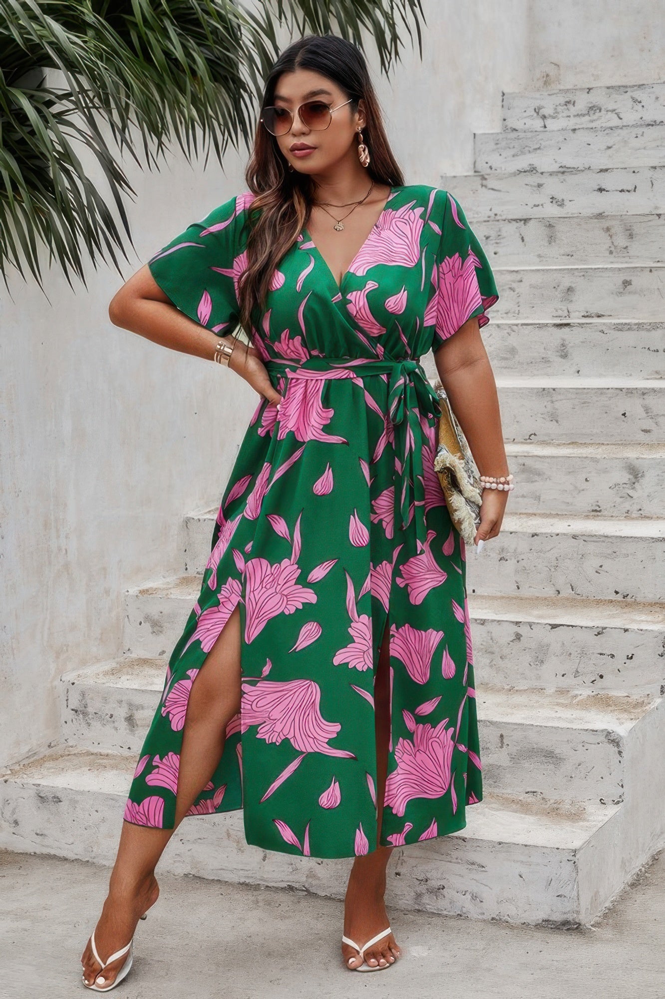 Plus Floral Short Sleeve Split Belted Midi Dress