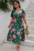 Plus Floral Short Sleeve Split Belted Midi Dress
