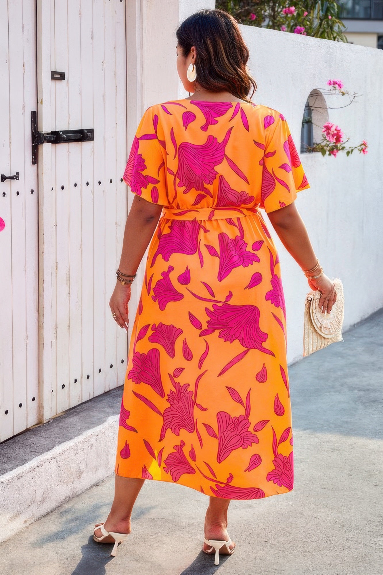 Plus Floral Short Sleeve Split Belted Midi Dress