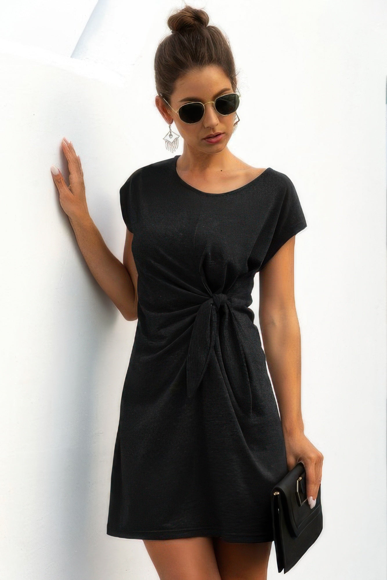 Solid Twist Knot Front Short Sleeve Tee Fit Dress