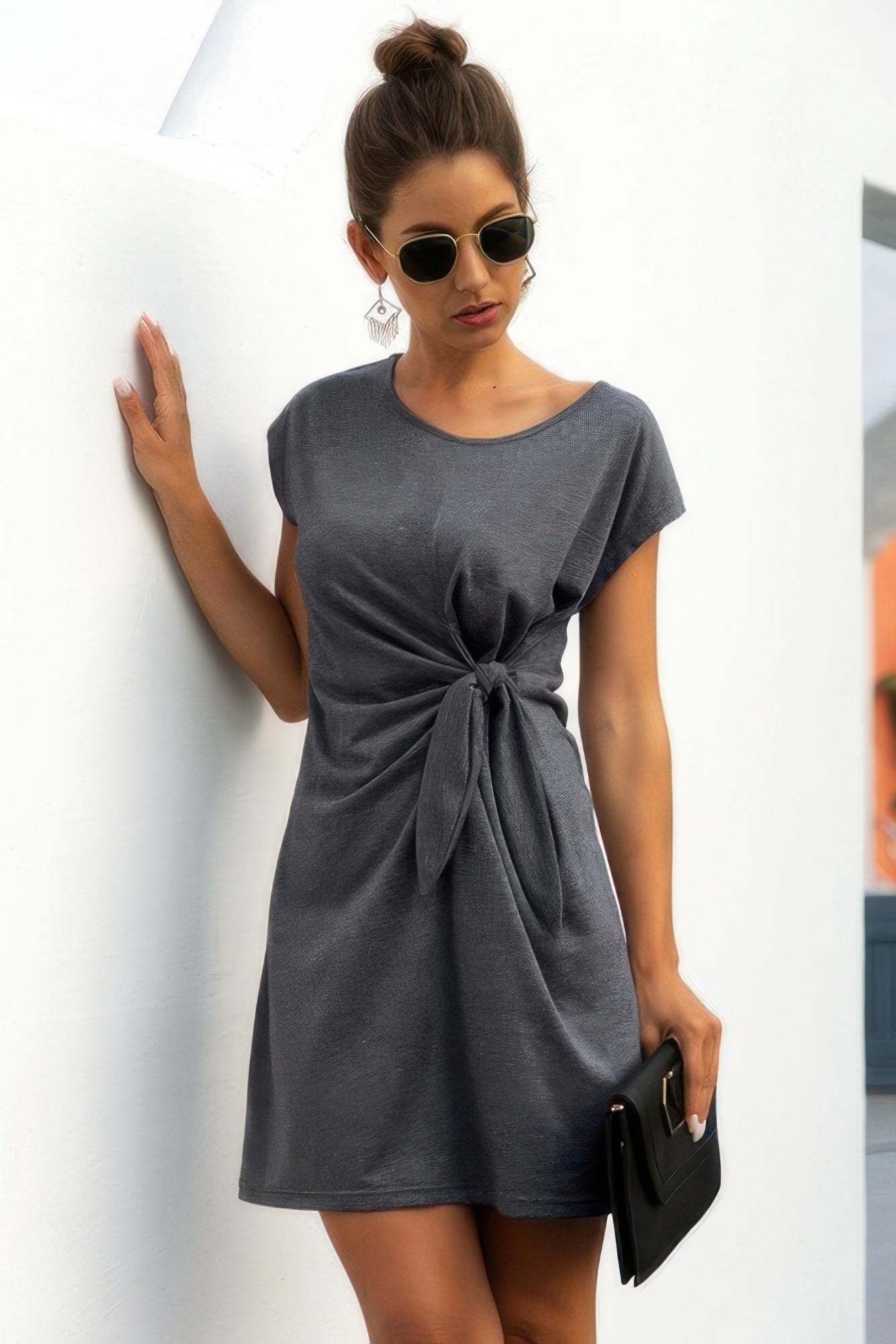 Solid Twist Knot Front Short Sleeve Tee Fit Dress