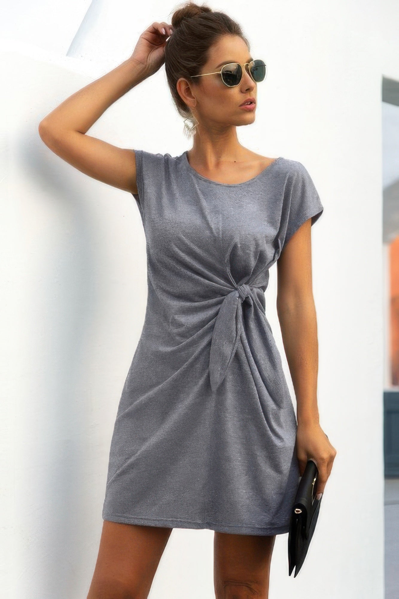 Solid Twist Knot Front Short Sleeve Tee Fit Dress