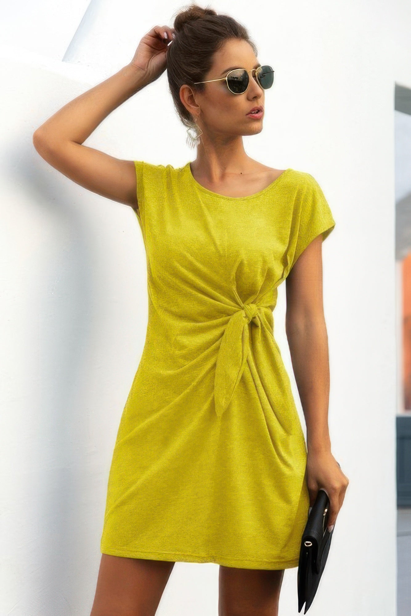Solid Twist Knot Front Short Sleeve Tee Fit Dress