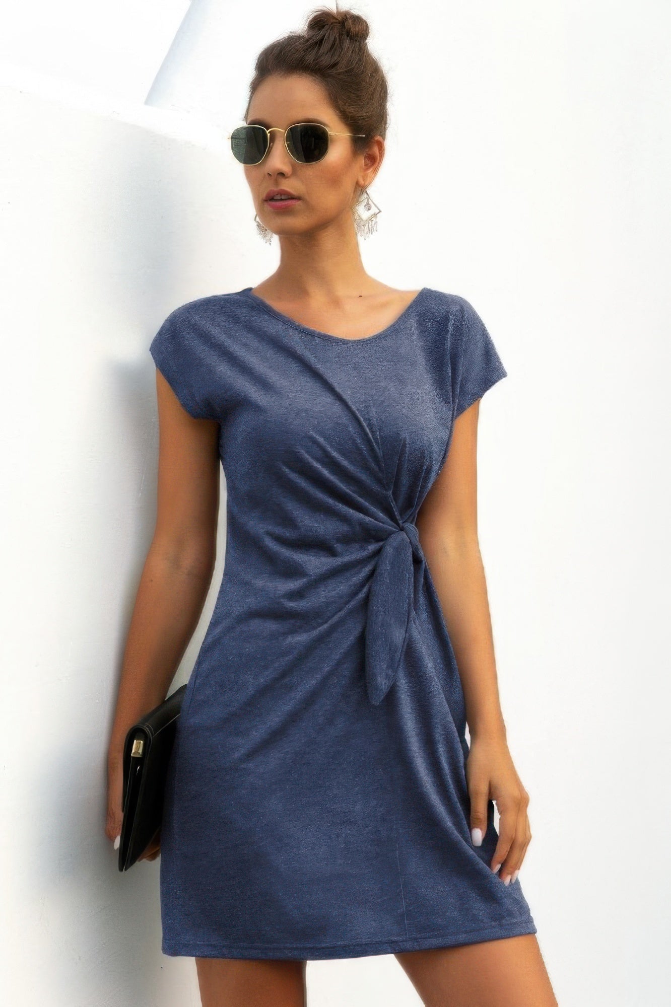 Solid Twist Knot Front Short Sleeve Tee Fit Dress