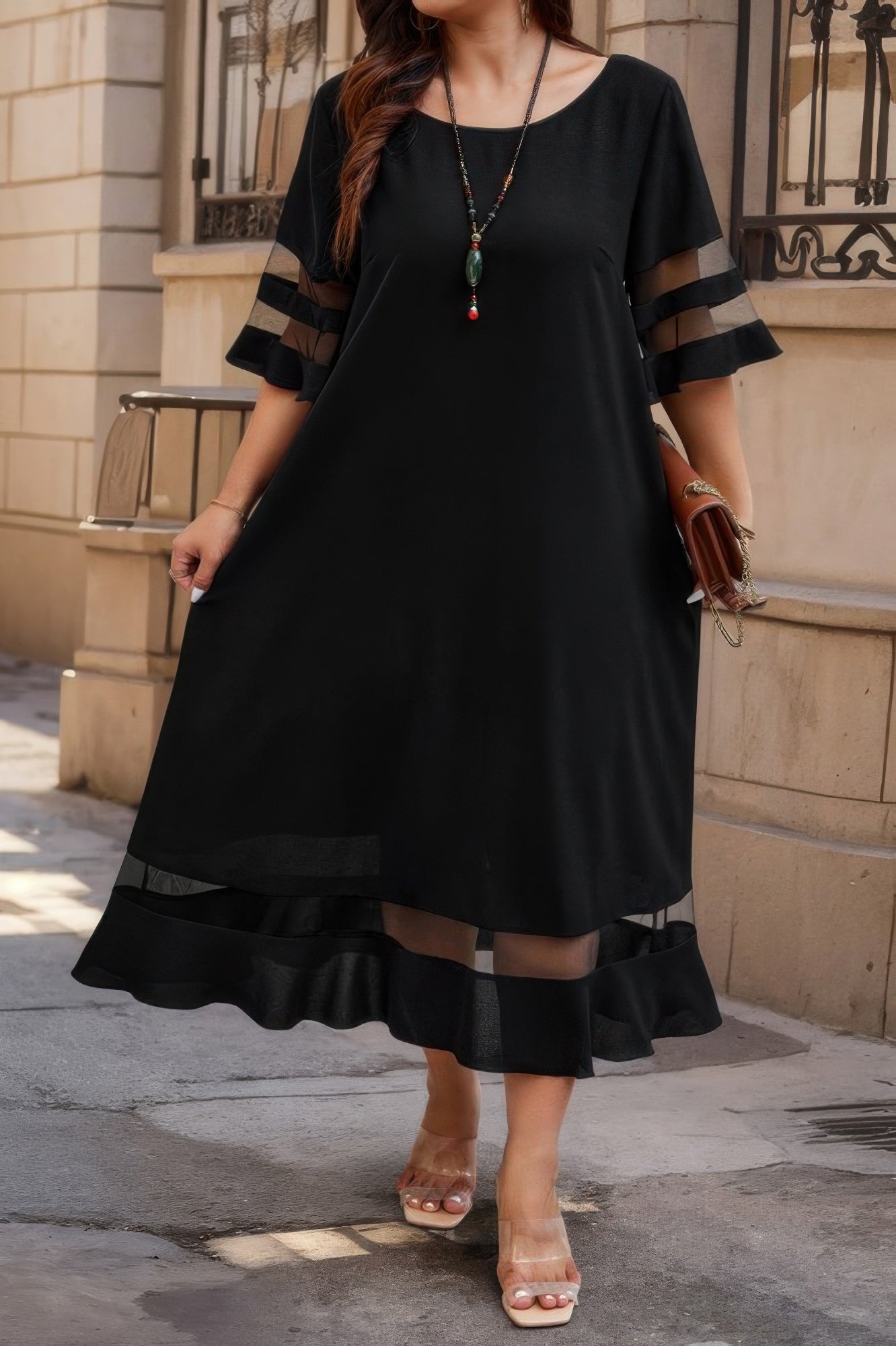 Plus Size Mesh Splicing Round Neck Long Dress