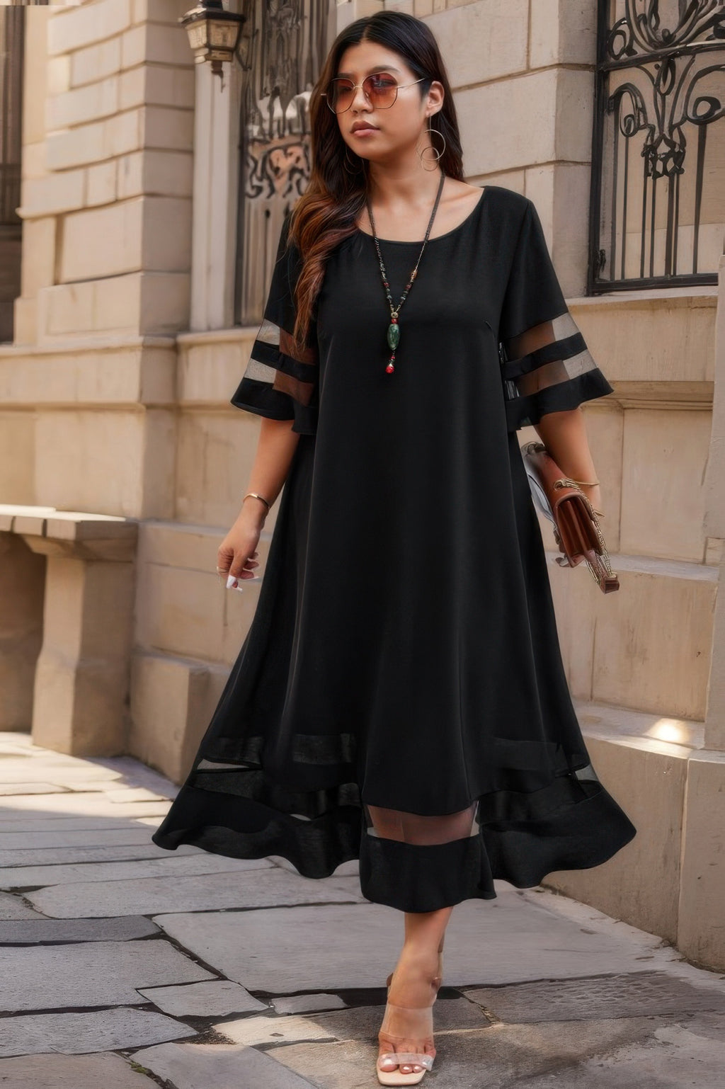 Plus Size Mesh Splicing Round Neck Long Dress