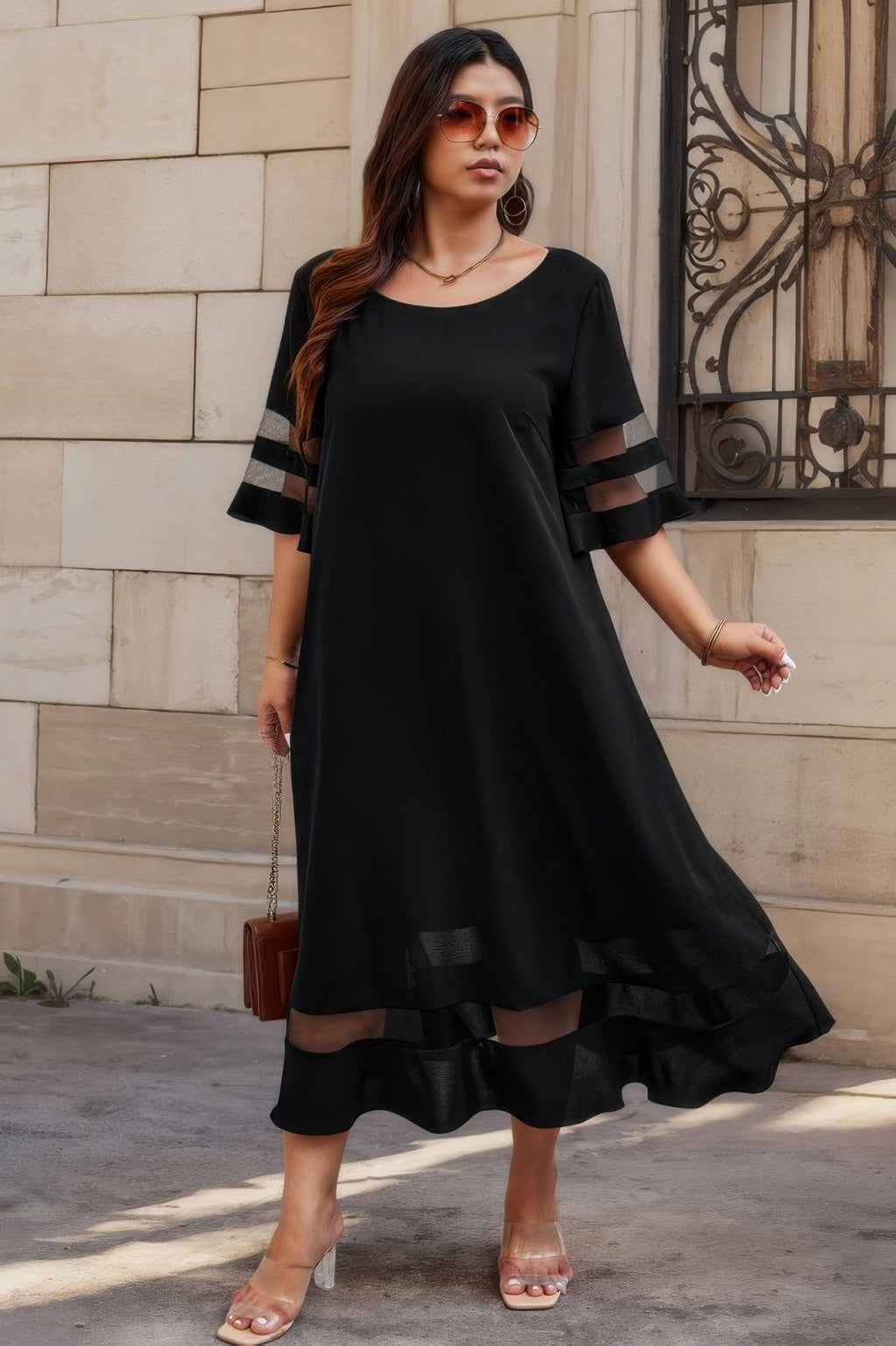 Plus Size Mesh Splicing Round Neck Long Dress