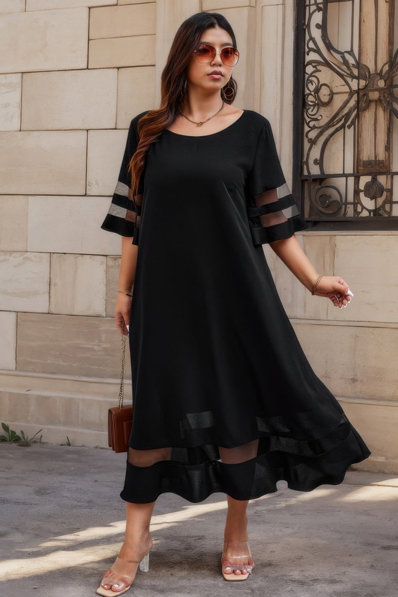 Plus Size Mesh Splicing Round Neck Long Dress