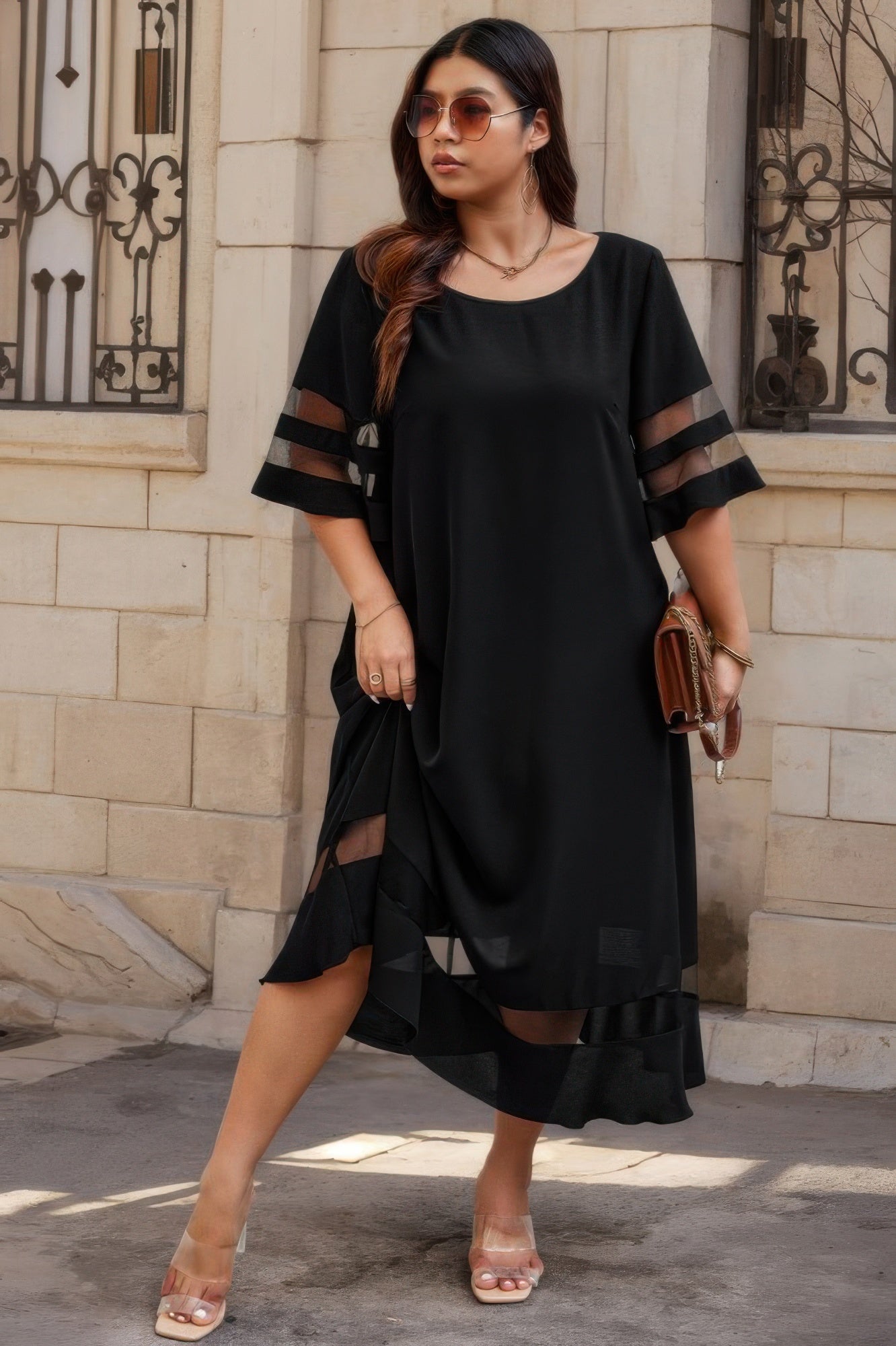 Plus Size Mesh Splicing Round Neck Long Dress