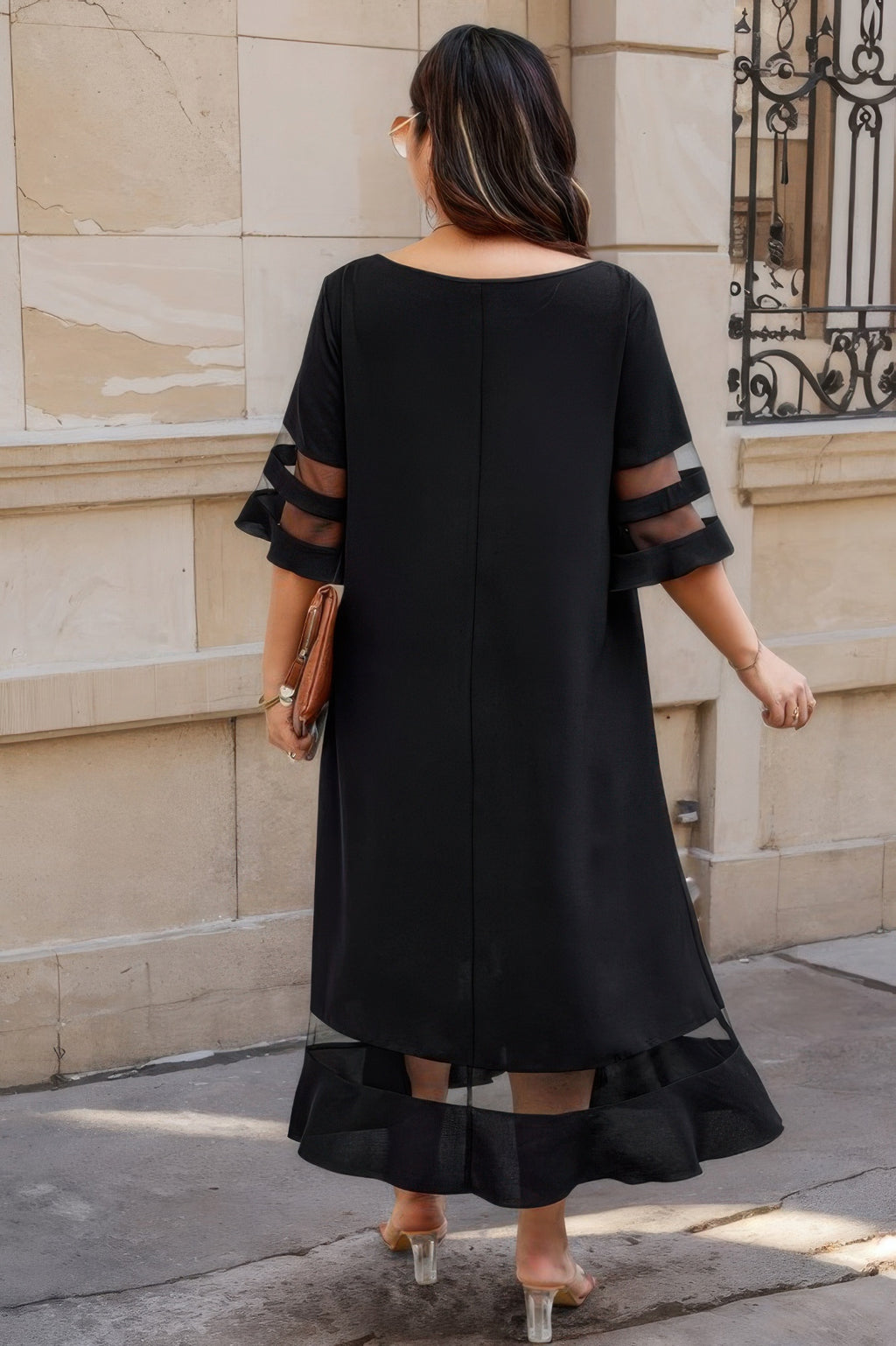Plus Size Mesh Splicing Round Neck Long Dress