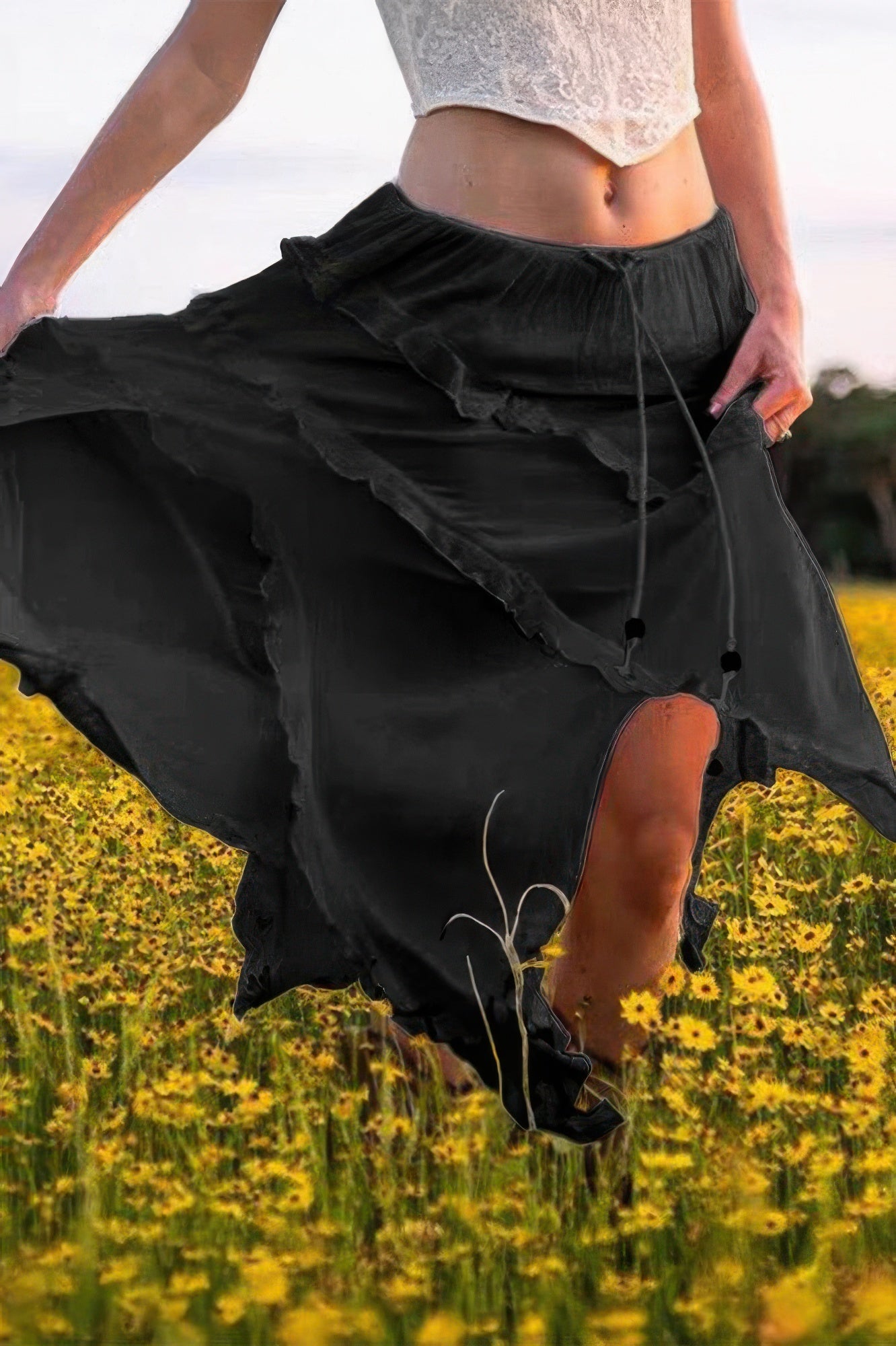 Solid Ruffle Drawstring Waist Asymmetry Hem Skirt